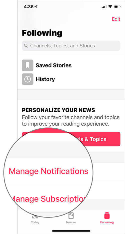 Tap on Manage Notifications in Apple News app