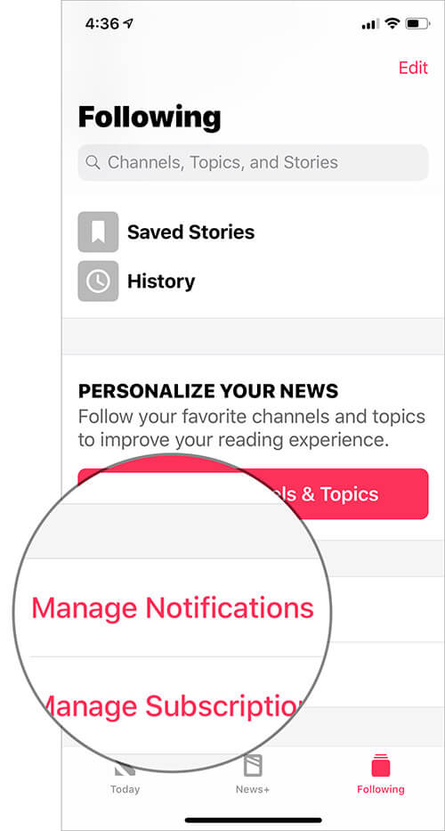 Tap on manage notifications in apple news app