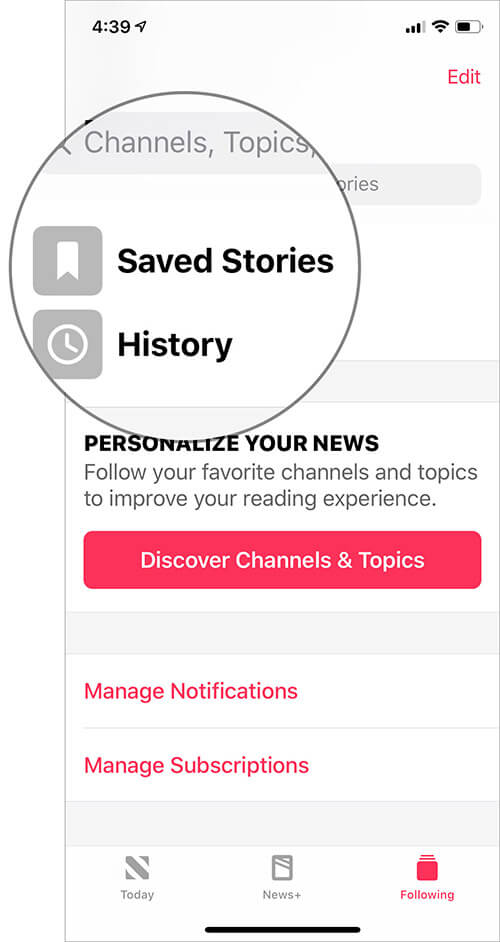 Tap on Saved Stories in Apple News app