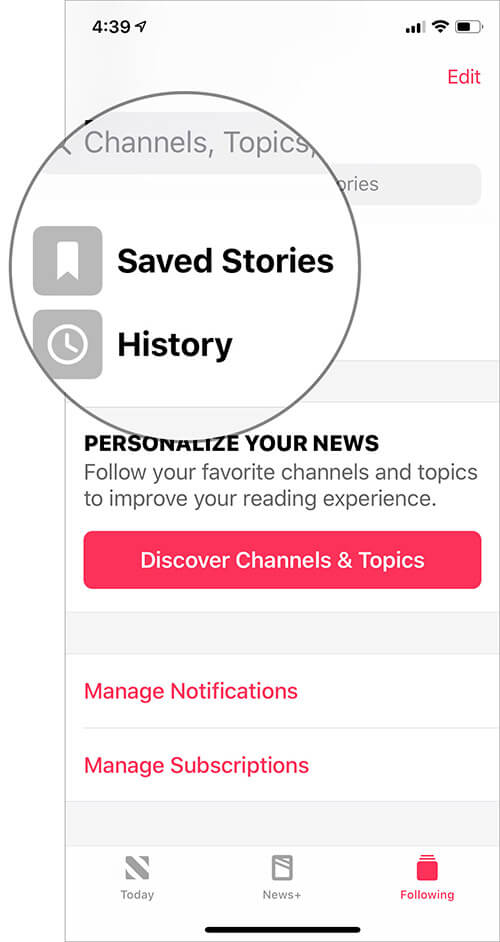 Tap on saved stories in apple news app