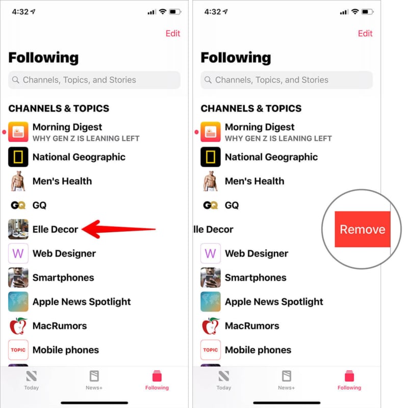 Unfollow Channels in Apple News on iPhone and iPad