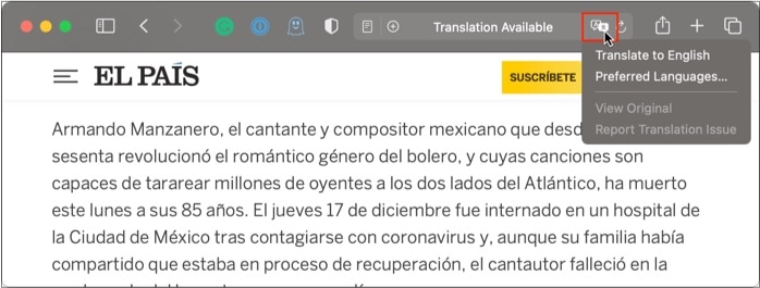 Use built-in translation in Safari in macOS big sur