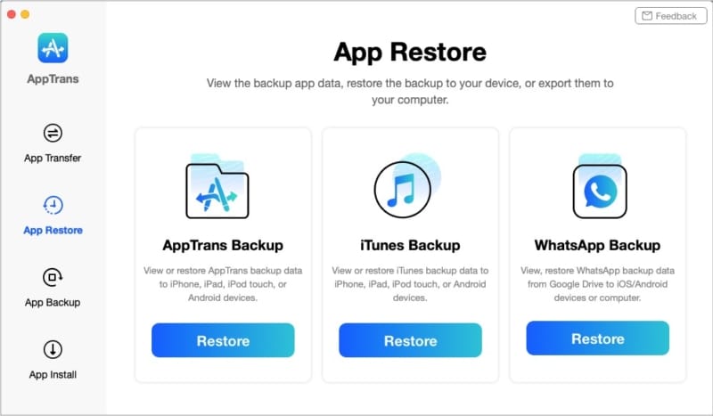 AppTrans App Restore options