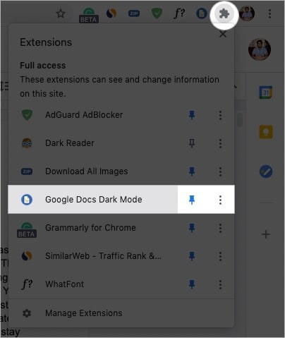 Click extensions icon and click Google Docs Dark Mode
