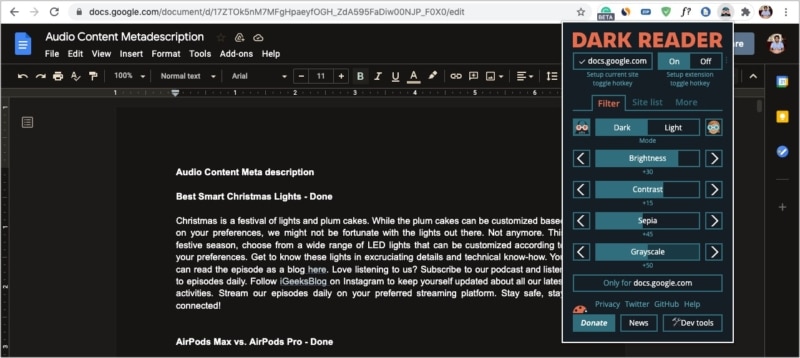 Dark Reader extension to enable Dark Mode in Google Docs