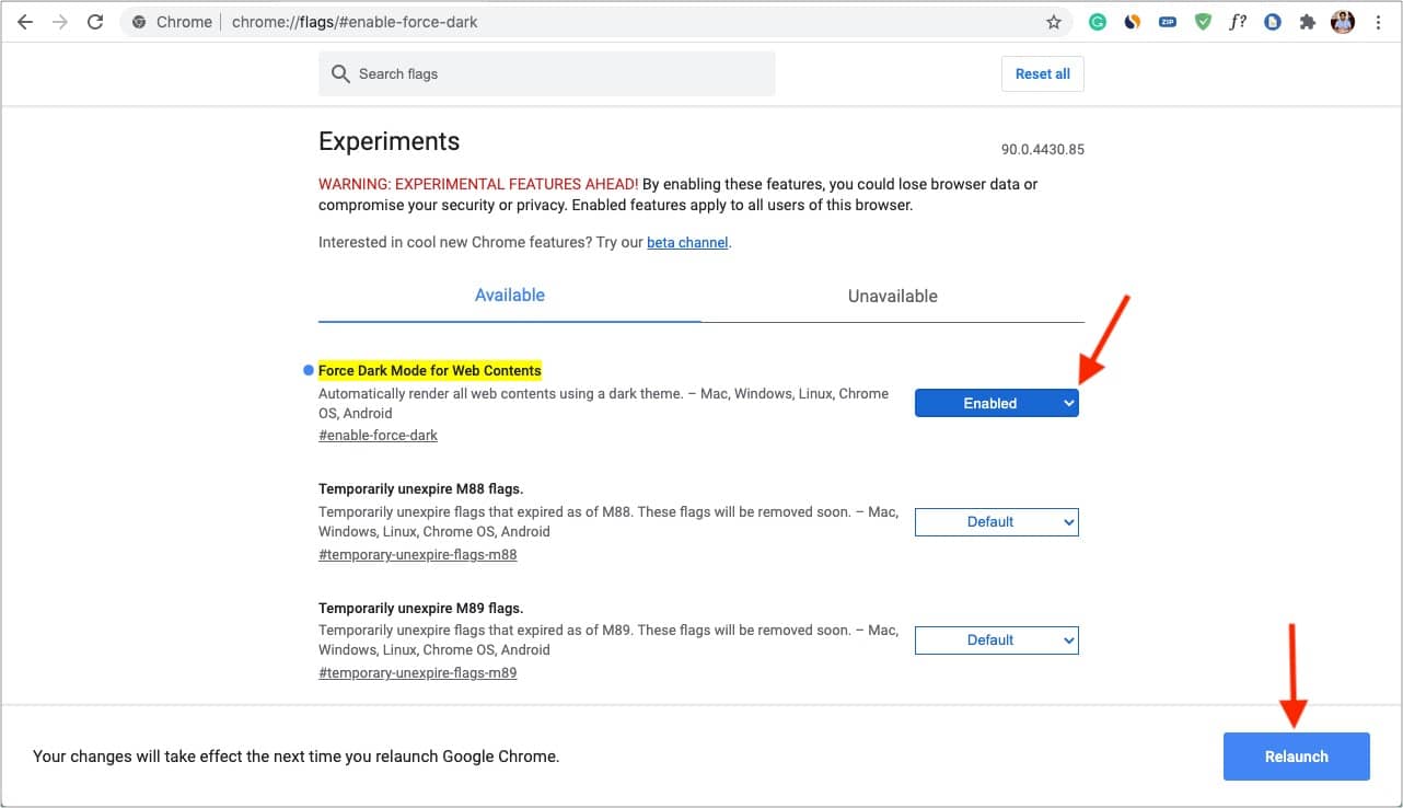 Enable Force Dark Mode for Web Contents and Relaunch Chrome