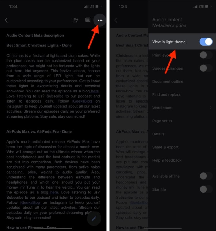 Enable View in light theme to see doc in normal mode