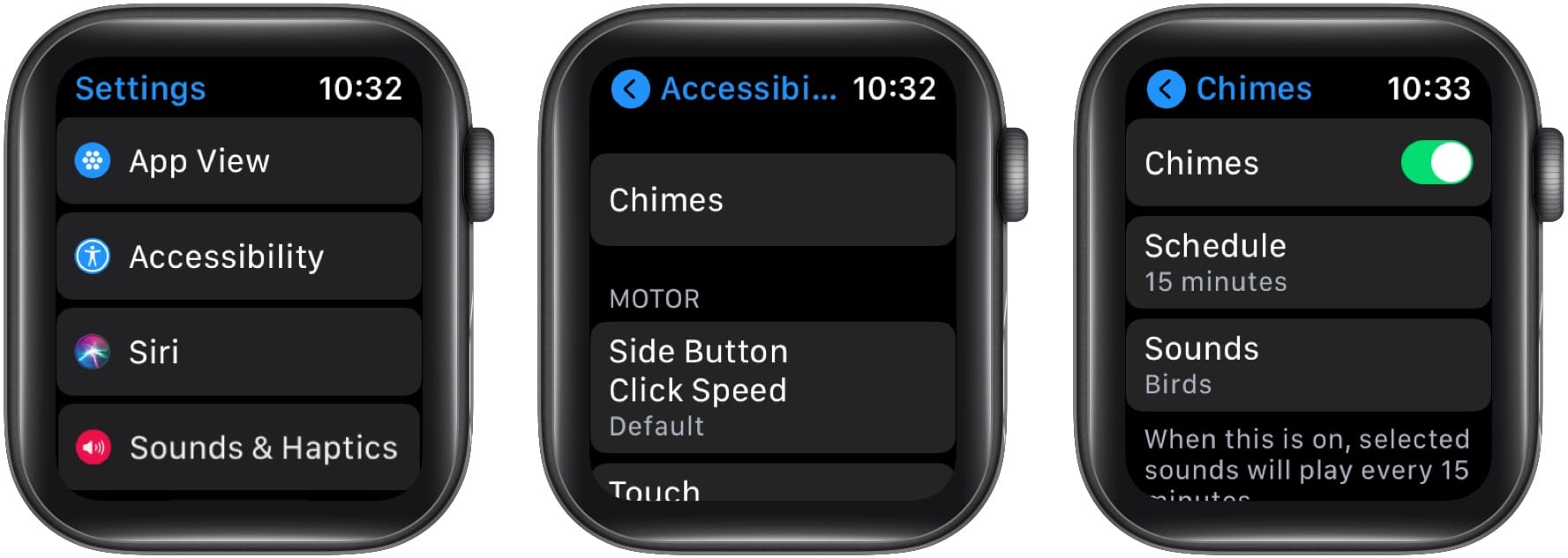 In Apple Watch Accessibility Settings tap Chimes and enable it