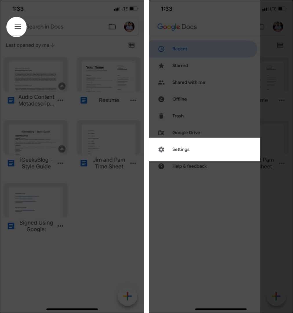 In Docs app tap hamburger icon and then Settings