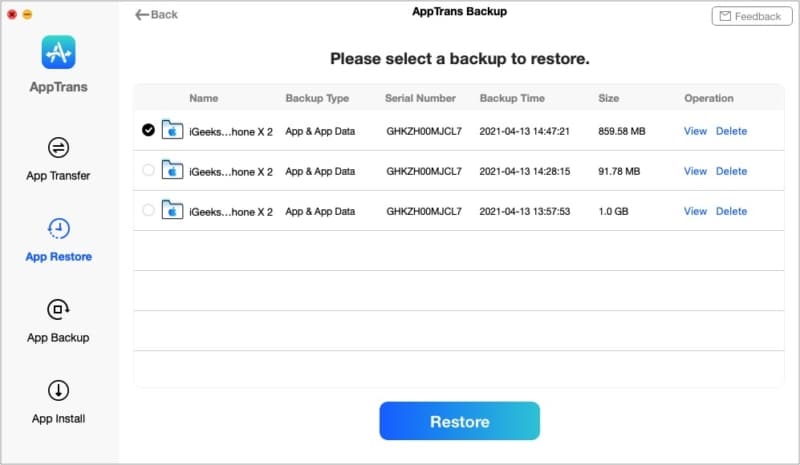 Select a backup to restore via AppTrans