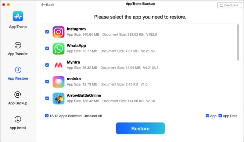 Select all apps or desired apps to restore via AppTrans