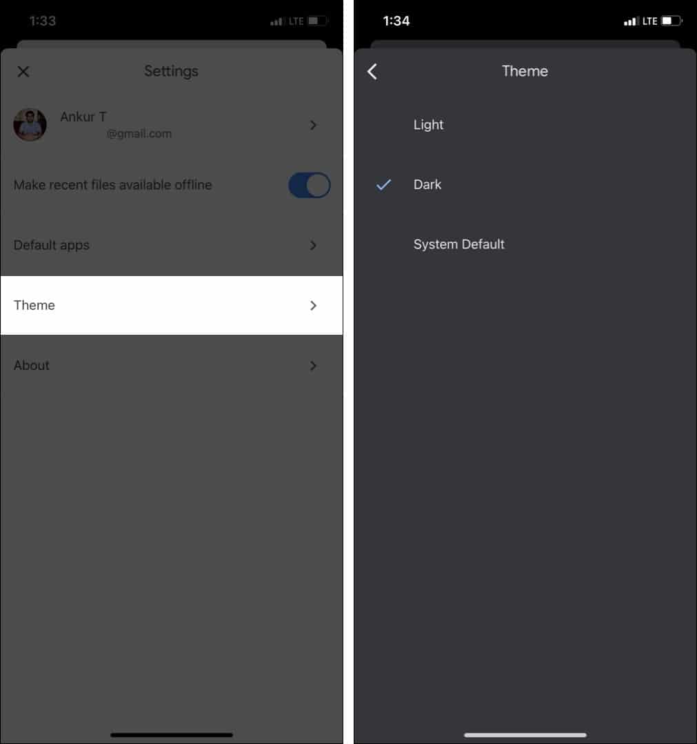 Tap Theme in Docs app and choose Dark to enable it
