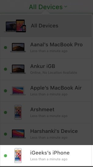 Click All Devices in Find My iPhone app