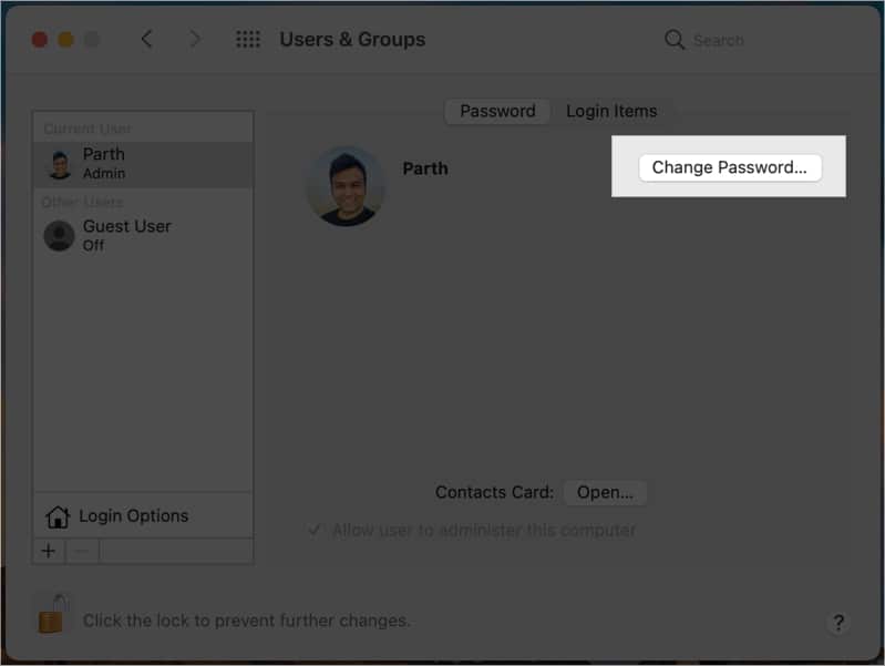Click Change Password in Users & Groups