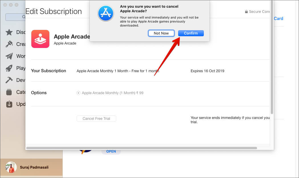 Click on Confirm to Unsubscribe from Apple Arcade on Mac