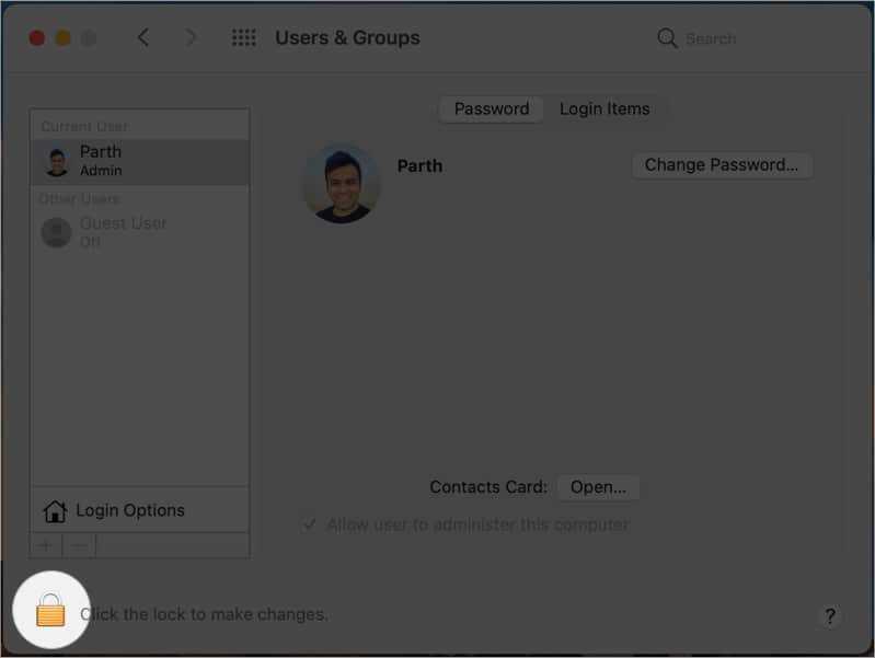 Click the lock icon in Users & Groups on Mac