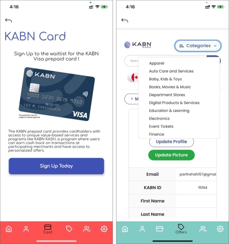 Digital Wallet program and KABN Visa card in Liquid Avatar iOS app