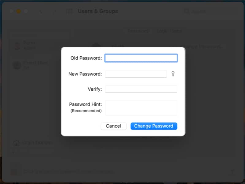 Enter new and old password to change Keychain password on Mac