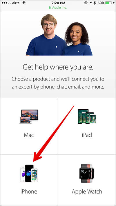 Select iPhone in Apple Support Website