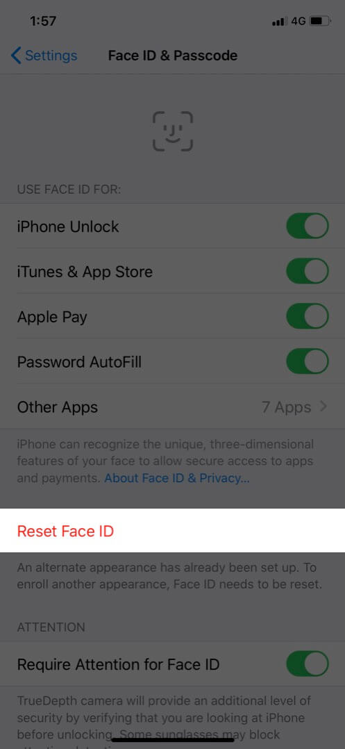 Tap reset face id to delete alternative appearance on iphone