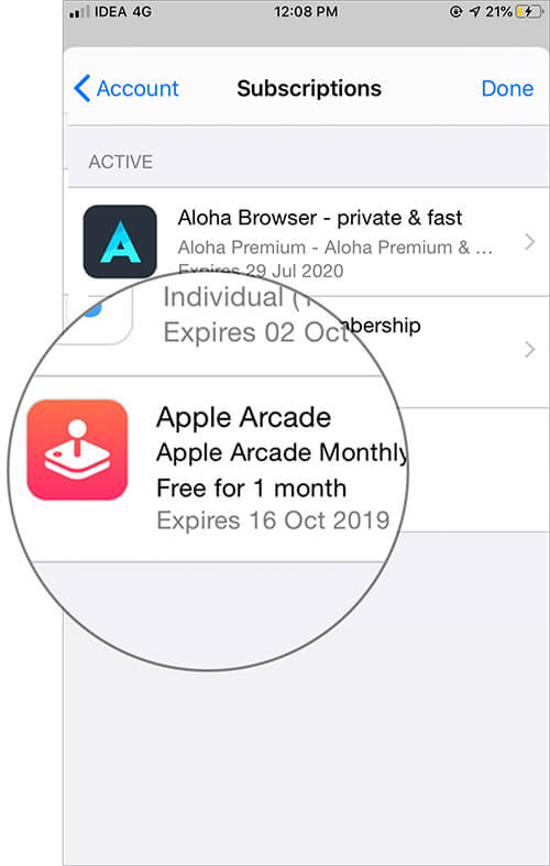 Tap on Apple Arcade in iOS App Store Subscription Settings