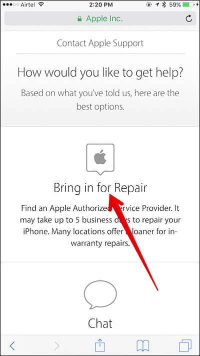 Tap on Bring in for Repair in Apple Support Page on iPhone