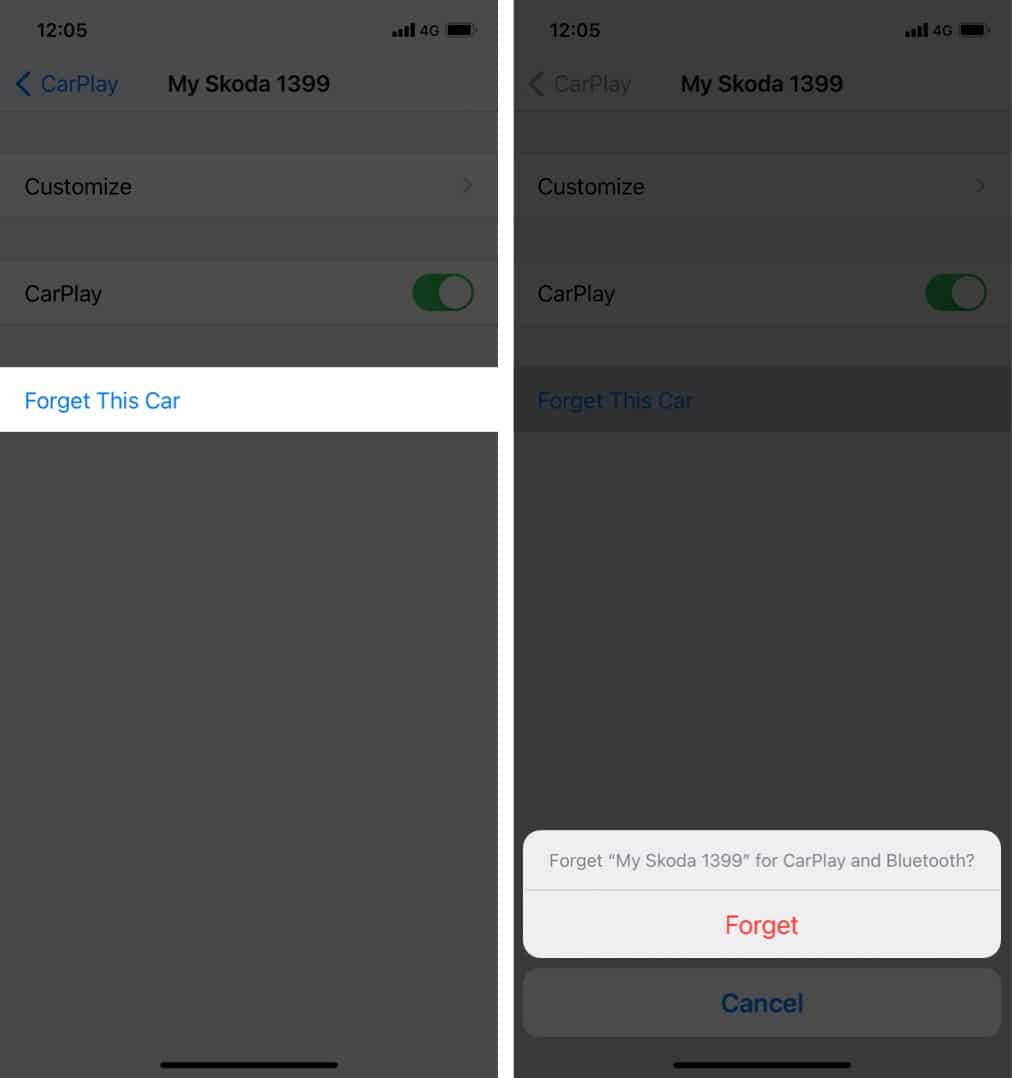 Tap the car you want to remove and click Forget to confirm on iPhone