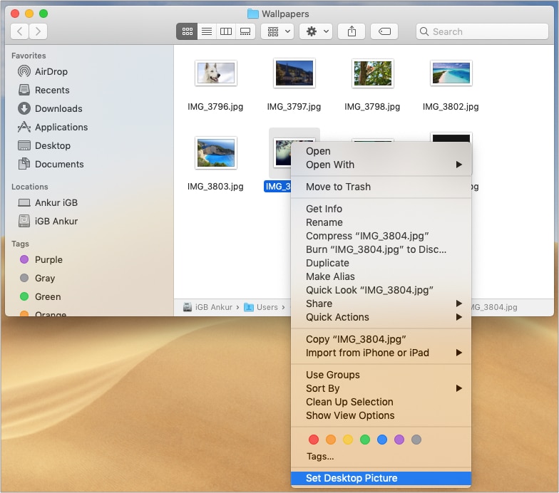 Смена обоев Mac с помощью Finder