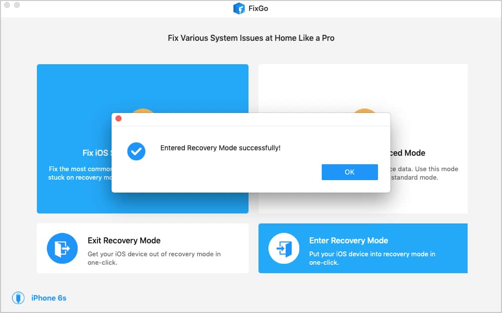 Click Enter Recovery Mode in FixGo