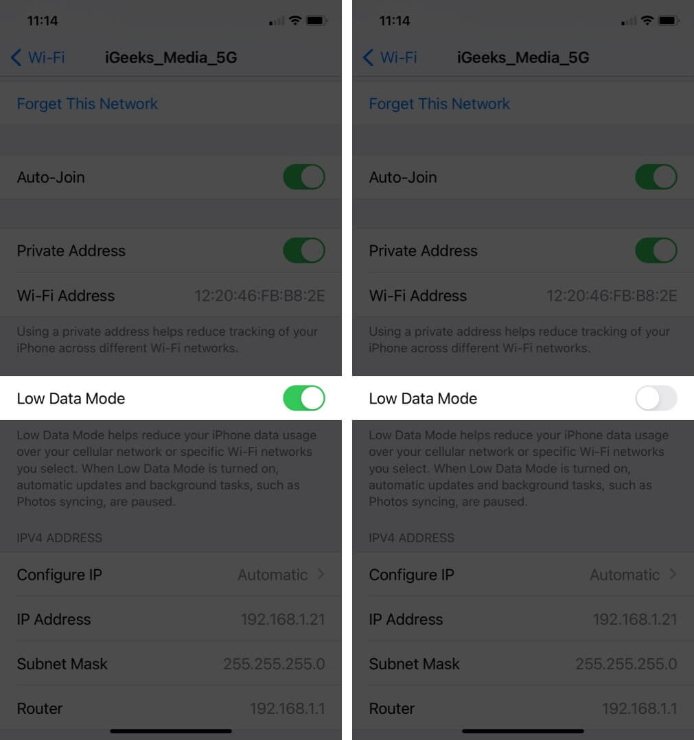 disable low data mode in wi-fi settings on iphone