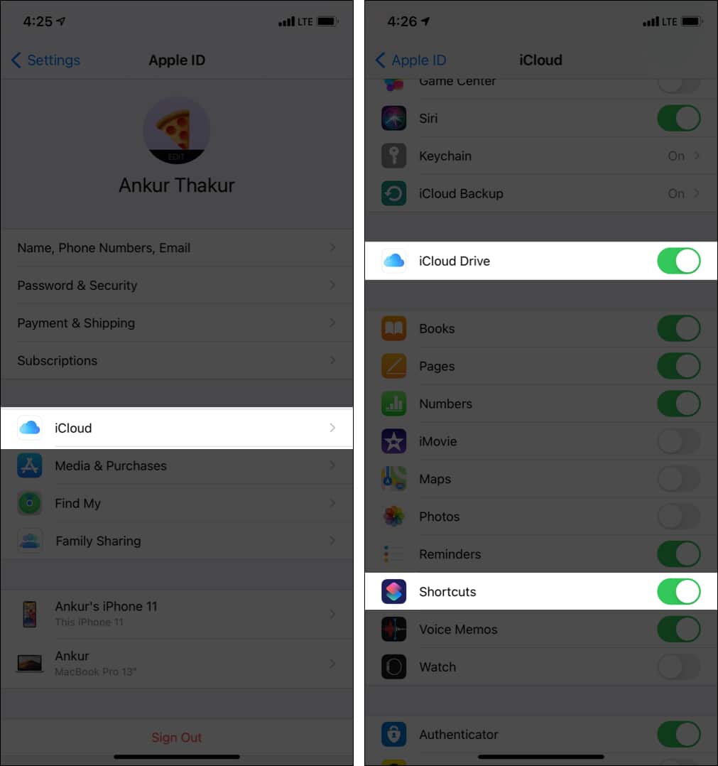 Enable toggle for iCloud Drive and Shortcuts