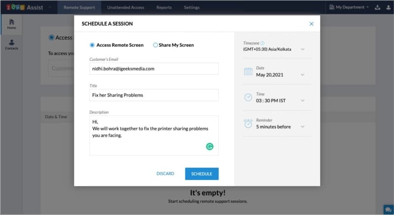 Schedule support sessions in Zoho Assist
