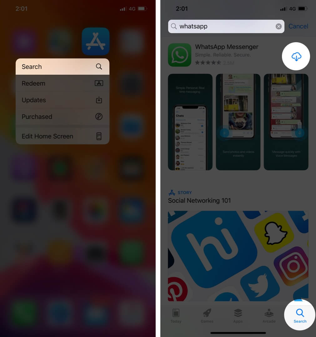 search whatsapp and tap on download to reinstall whatsapp on iphone