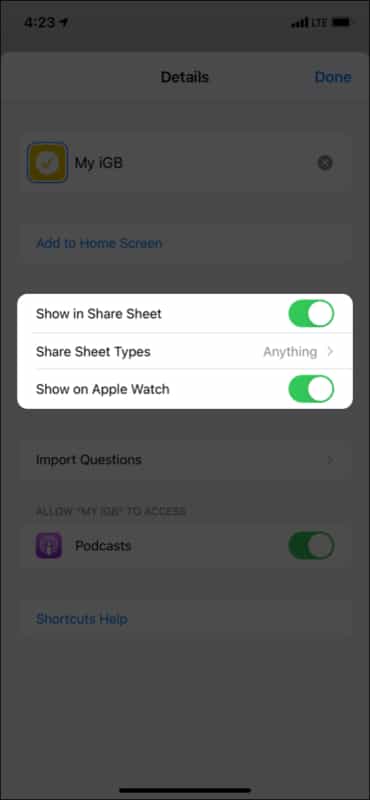 Show shortcut in Share Sheet and Apple Watch