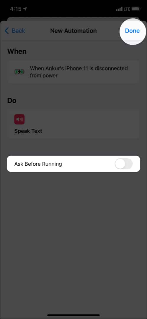 Switch off Ask Before Running and tap Done