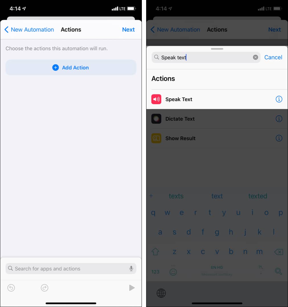 Tap Add Action tap Speak Text