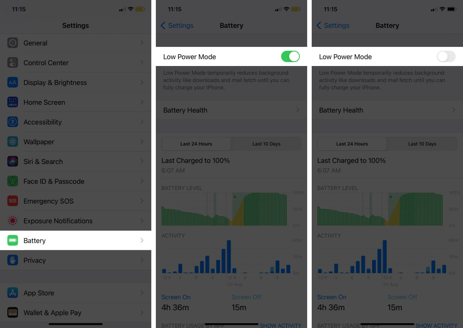 tap on battery and turn off low power mode in iphone settings