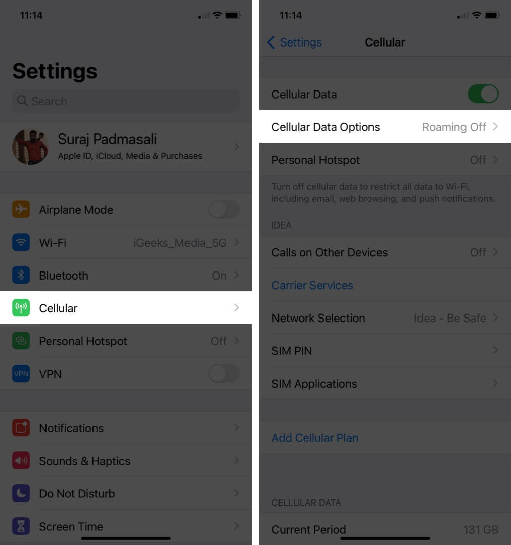 tap on cellular and then tap on cellular data option on iphone