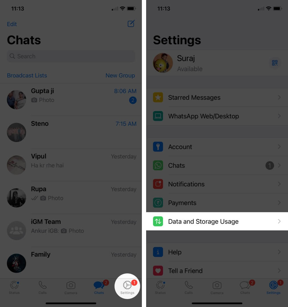 tap on settings then tap on data and storage usage in whatsapp on iphone