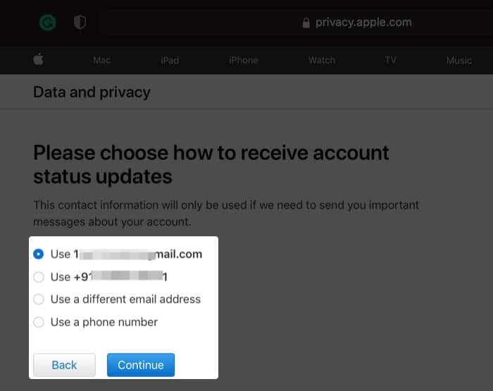 Choose email address or phone number to receive account status updates