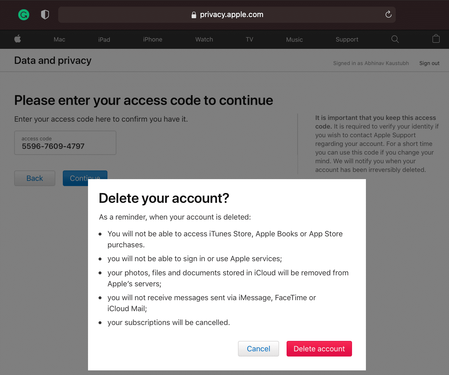 Click Delete account to delete your Apple ID account permanently.