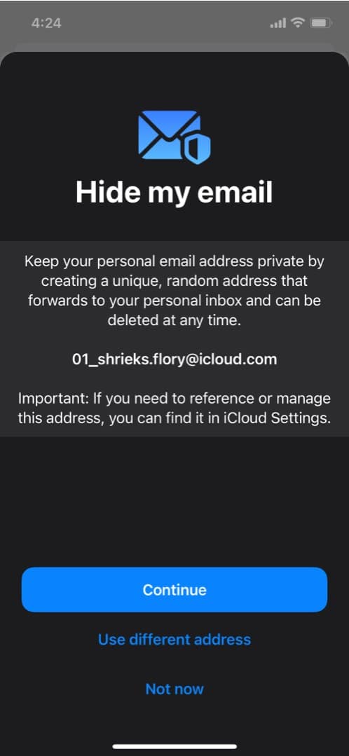 Create new address to Hide My Email in iOS 15