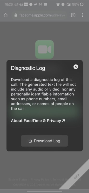 Download diagnostic log of the call on Android device