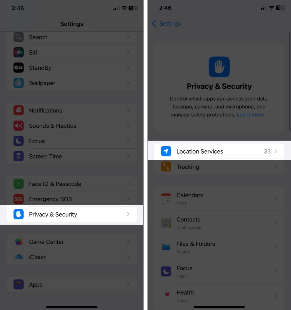 Naviger til stedstjenester i iPhone -innstillinger under personvern og sikkerhet