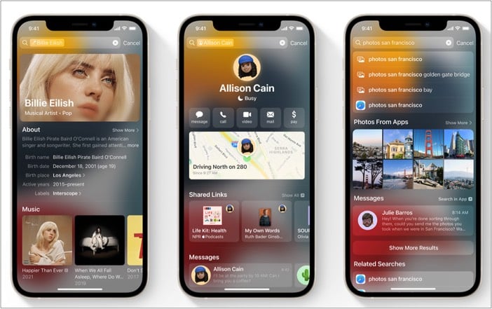 Redesigned look of Spotlight on iPhone with iOS 15