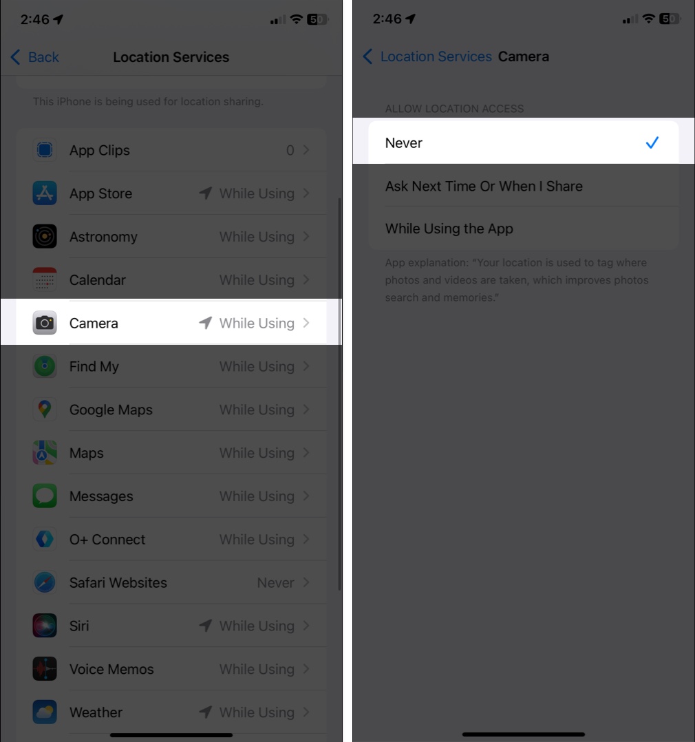 Velg kamera i iPhone -innstillinger og sett plassering til aldri