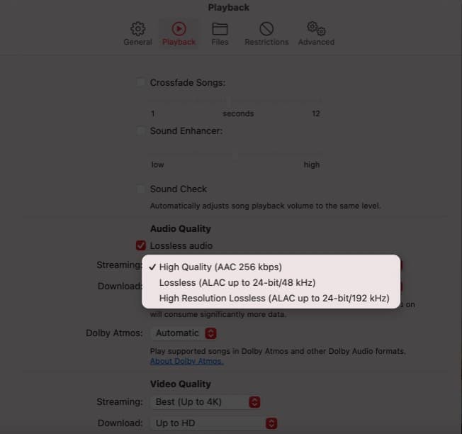 Select Lossless or Hi-Res from Apple Music on Mac