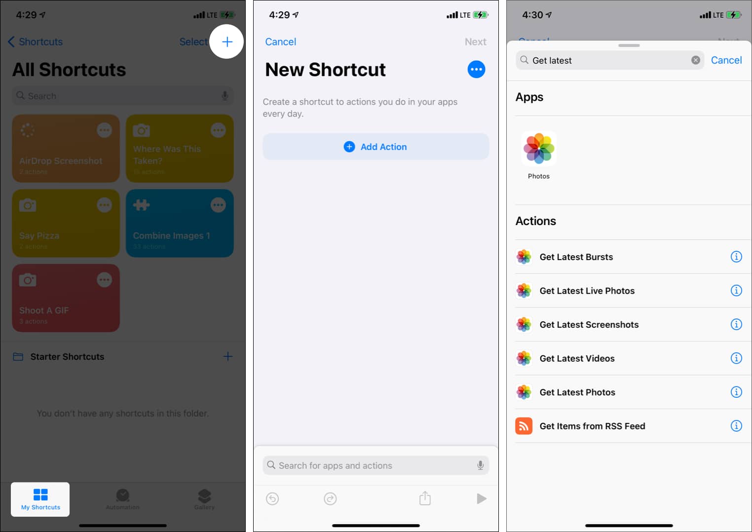 Create new shortcut and choose to get latest photos