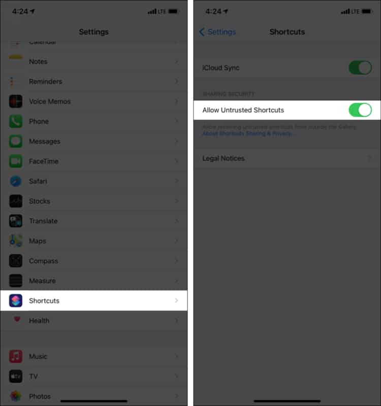 How to allow untrusted shortcuts on iPhone and iPad from Settings app