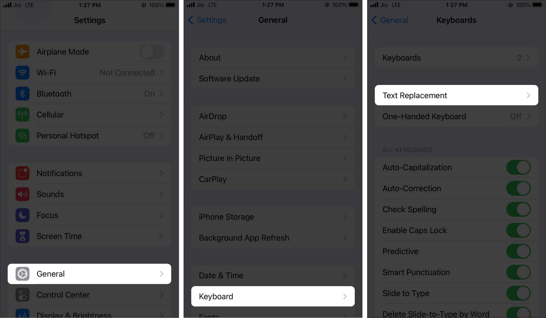 In iPhone Settings tap General Keyboard Text Replacement